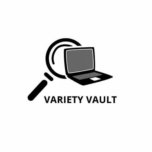 Logo of The Variety Vault with a magnifying glass over a laptop on a white background